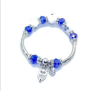 Owl Charm Stretch SilverTone Blue White Bead Bracelet